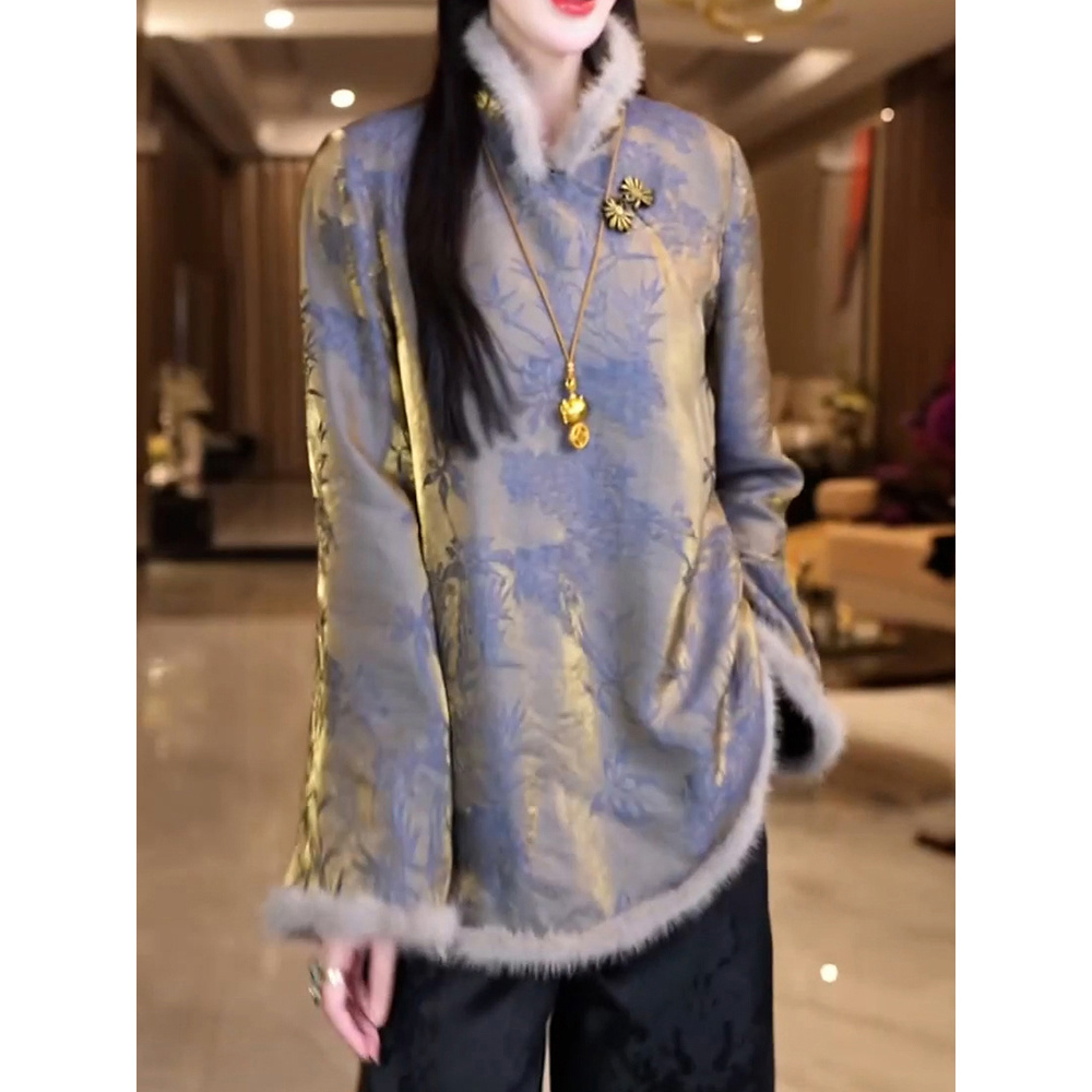 中式斜襟提花夹棉衬衫2026冬季新款国风洋气时尚宽松加厚保暖上衣