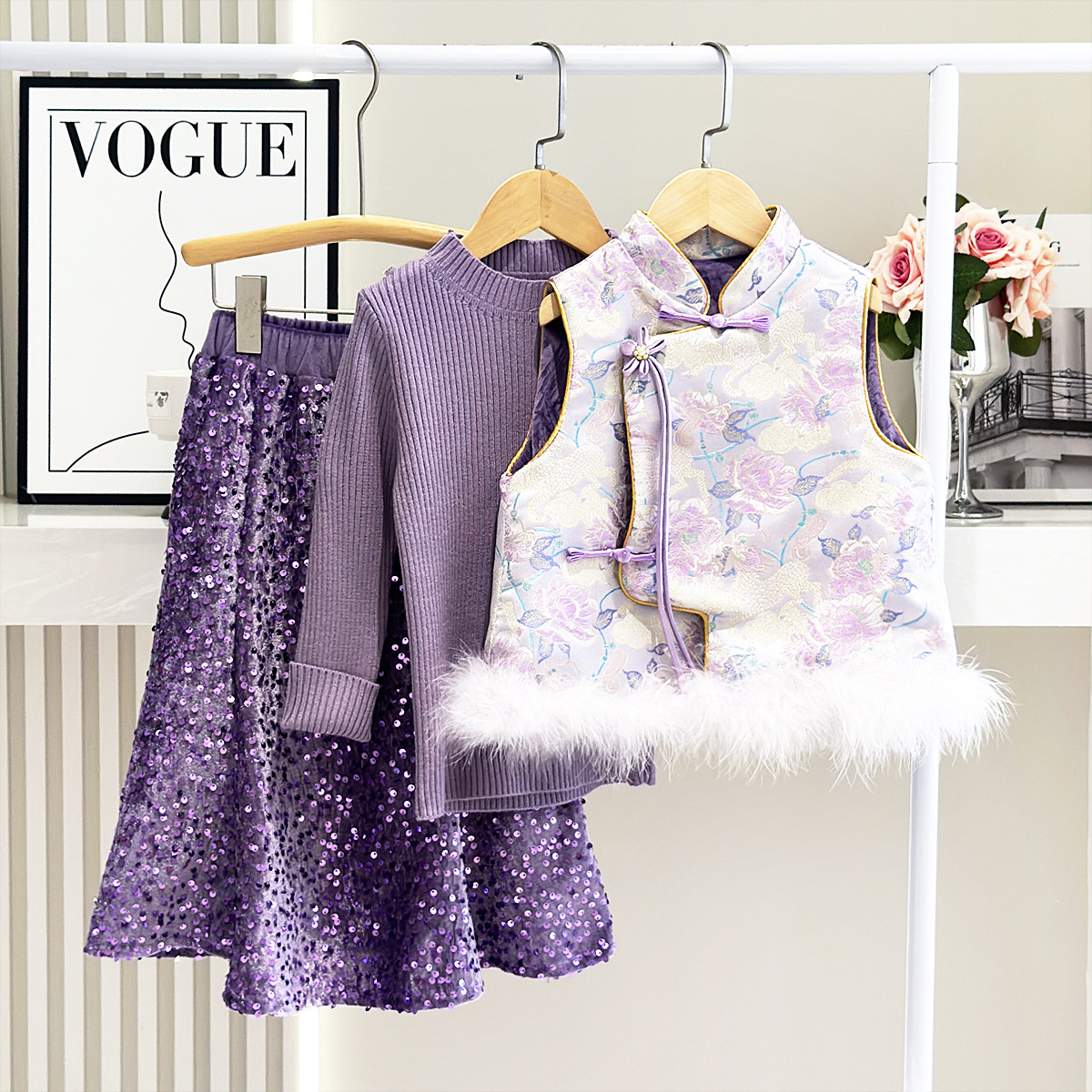 女童秋冬国风新中式盘扣旗袍套装小女孩古风马甲半身裙套装冬款