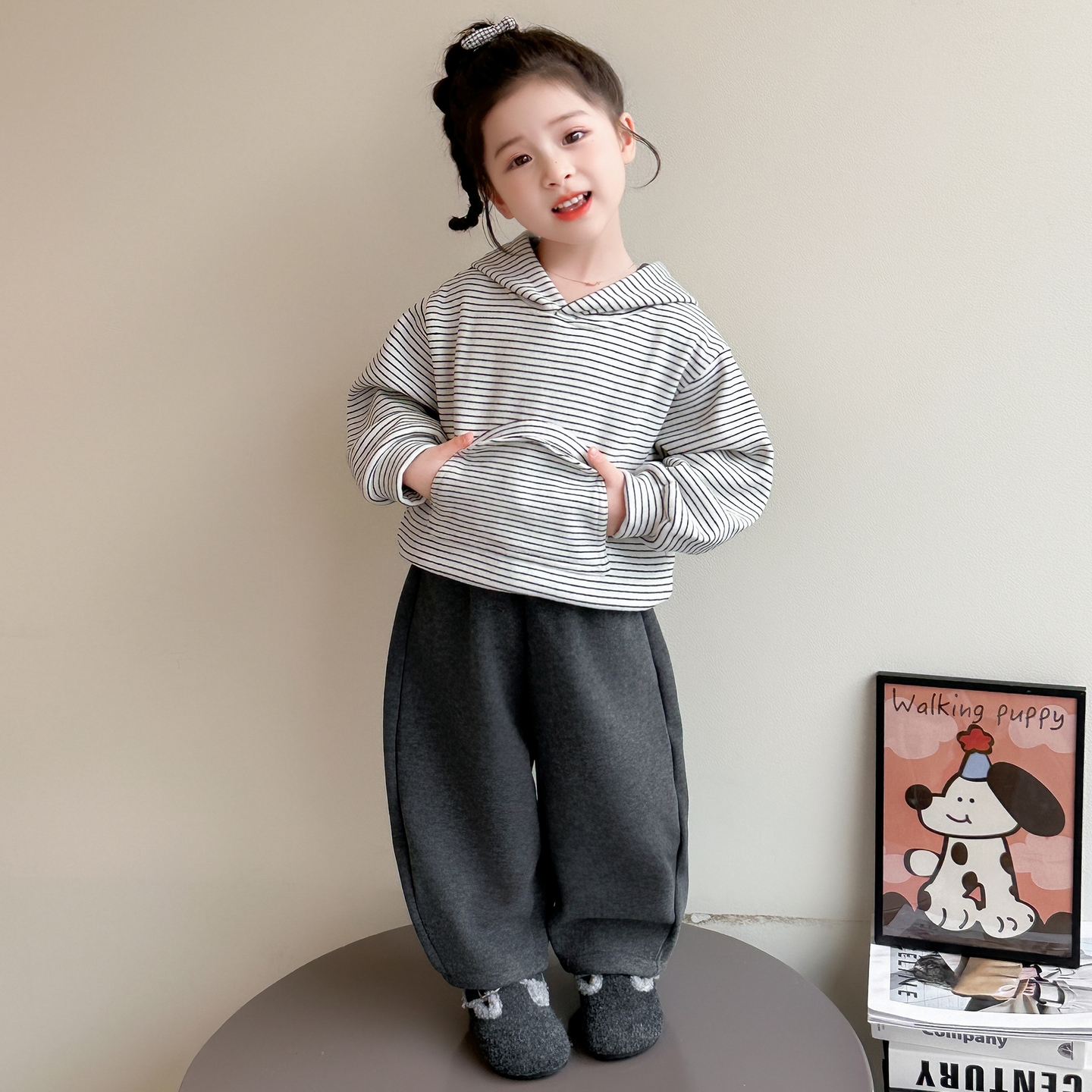 女童加绒加厚连帽条纹卫衣套装秋冬2025新款儿童保暖休闲两件套潮