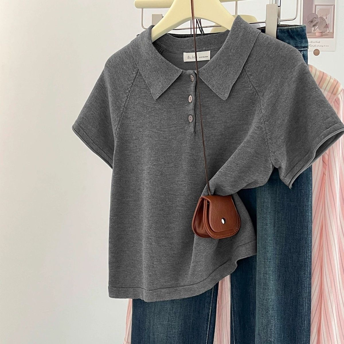 【80-180斤】Polo领冰丝短袖T恤衫女夏季高级感美式正肩设计感上衣