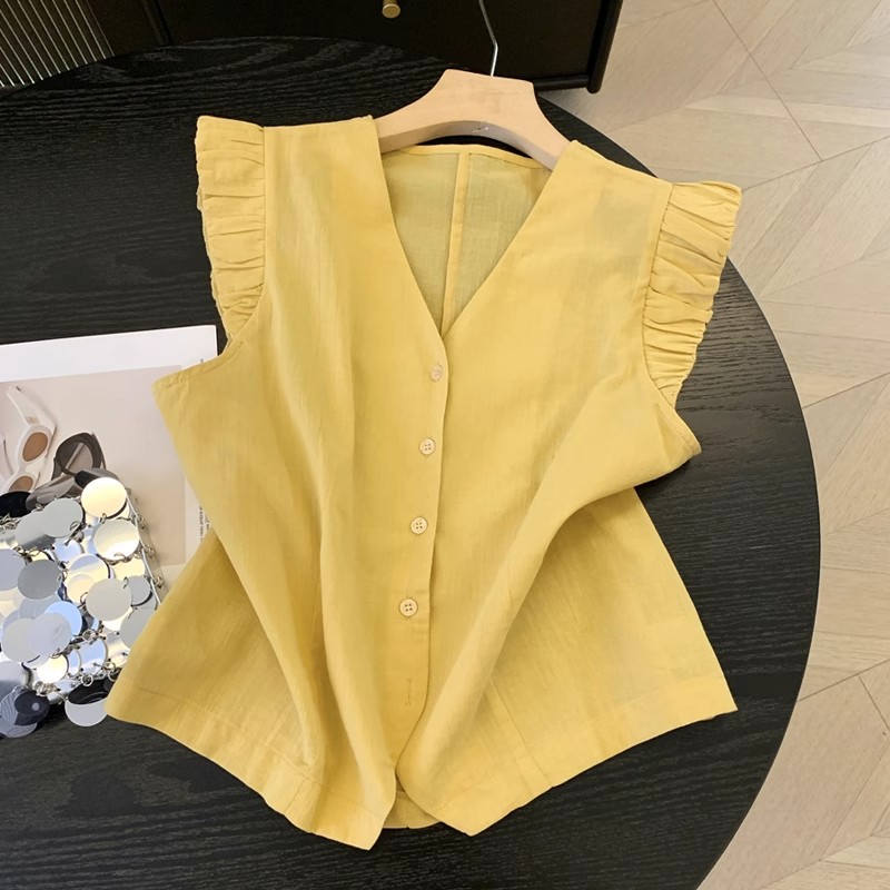 夏季2025新款法式小众美德拉甜美风洋气v领设计感小飞袖衬衫上衣