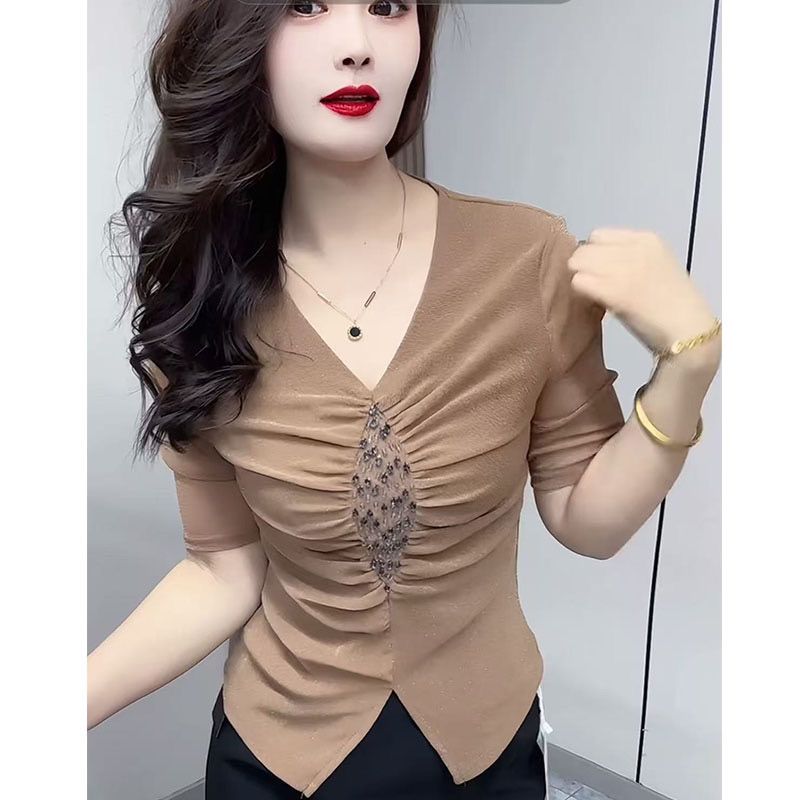 洋气新款2025气质半袖打底春夏手工串珠时尚百搭上衣显瘦小衫