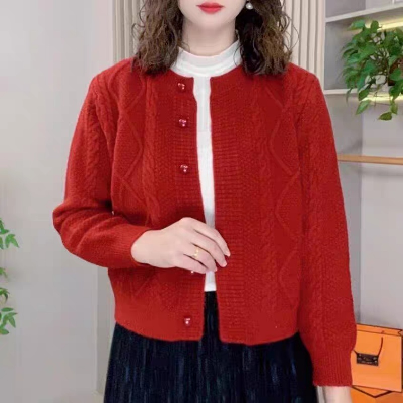 秋季宽松显瘦时尚纯色螺纹毛衣女针织衫外套女圆领长袖秋冬上衣