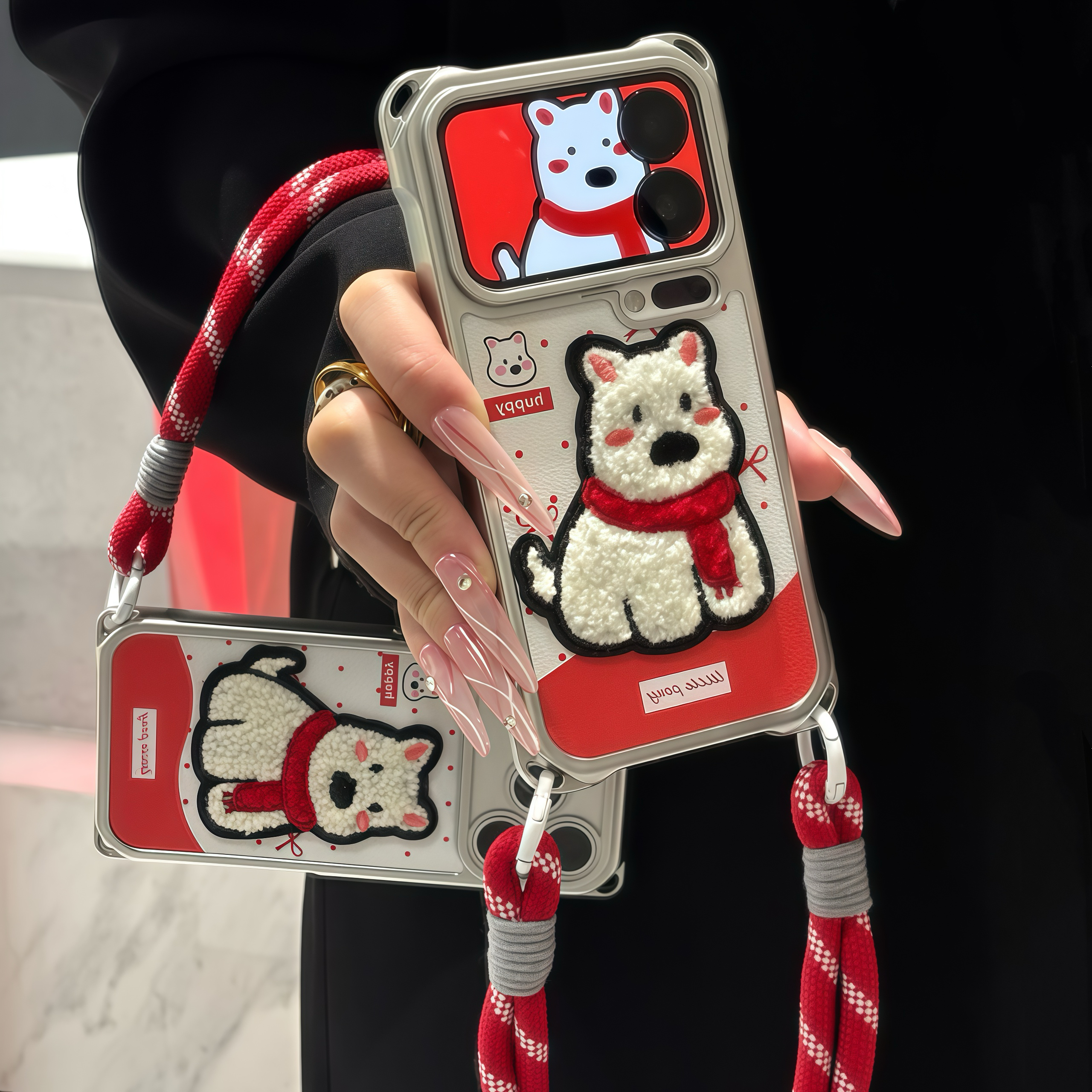 波点刺绣西高地挂绳适用苹果17/16promax手机壳华为vivoppo小米15