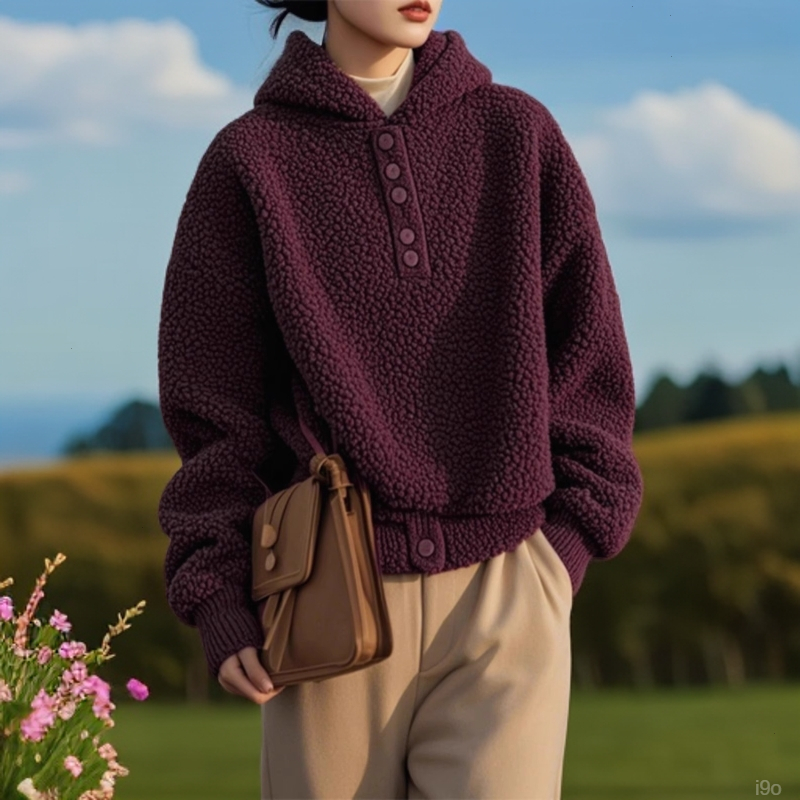 卫衣好看漂亮纽扣慵懒风外套超葡萄摇粒绒独特紫加绒加厚连帽春季