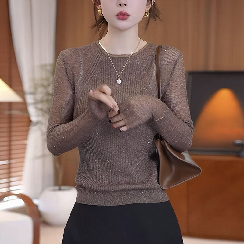 秋季女咖色套头毛衣慵懒高级感修身显瘦亮片洋气打底针织衫上衣