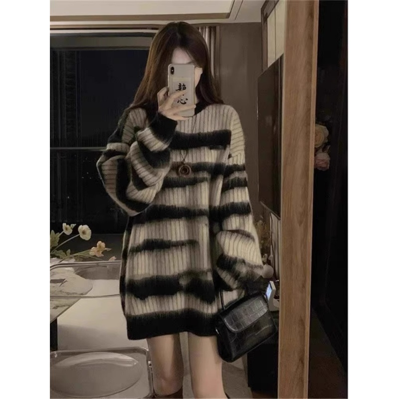 美式复古马海毛条纹毛衣秋冬慵懒松弛感oversize风中长款针织衫女