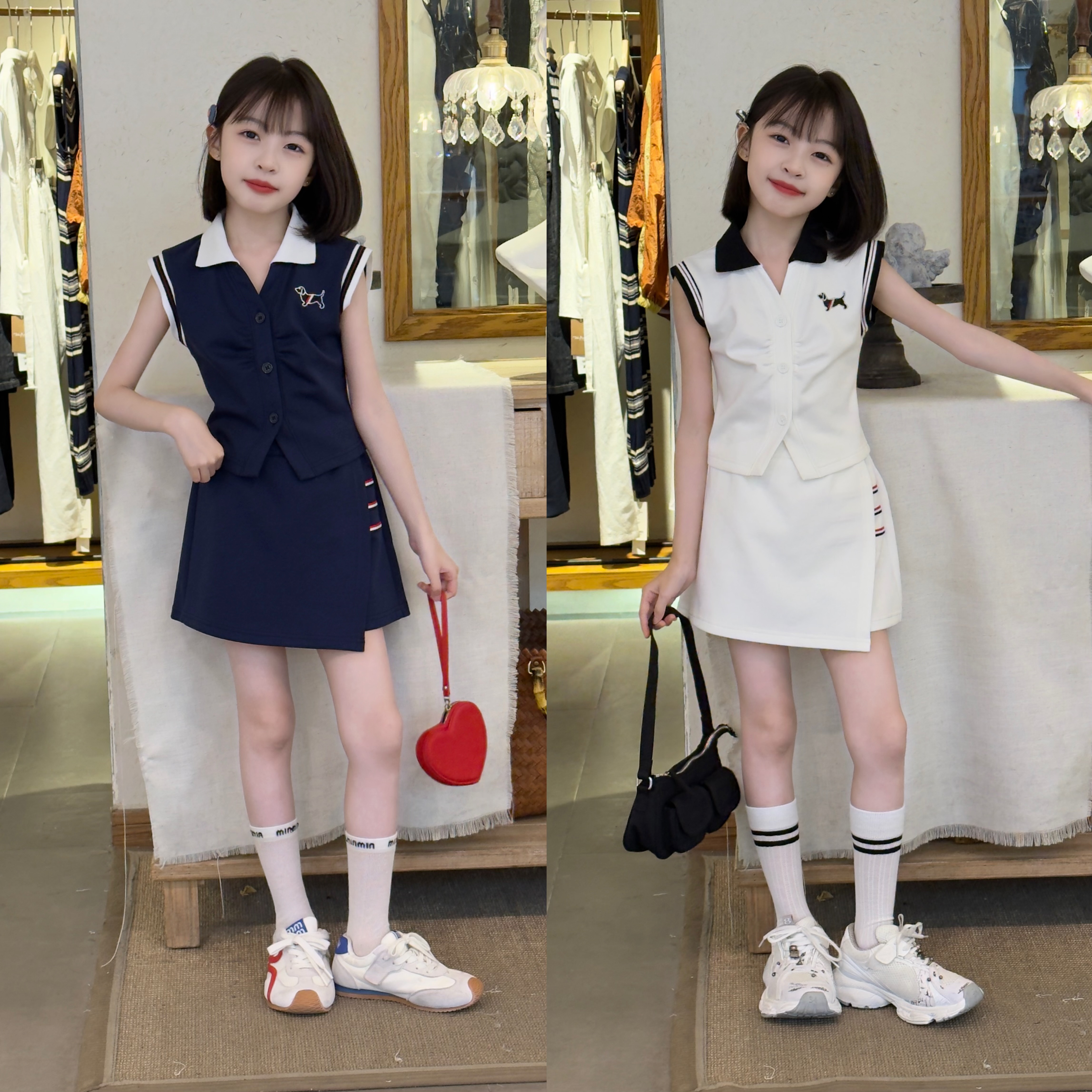 2025新款女童时尚休闲运动修身显瘦气质无袖单排扣学院风两件套潮