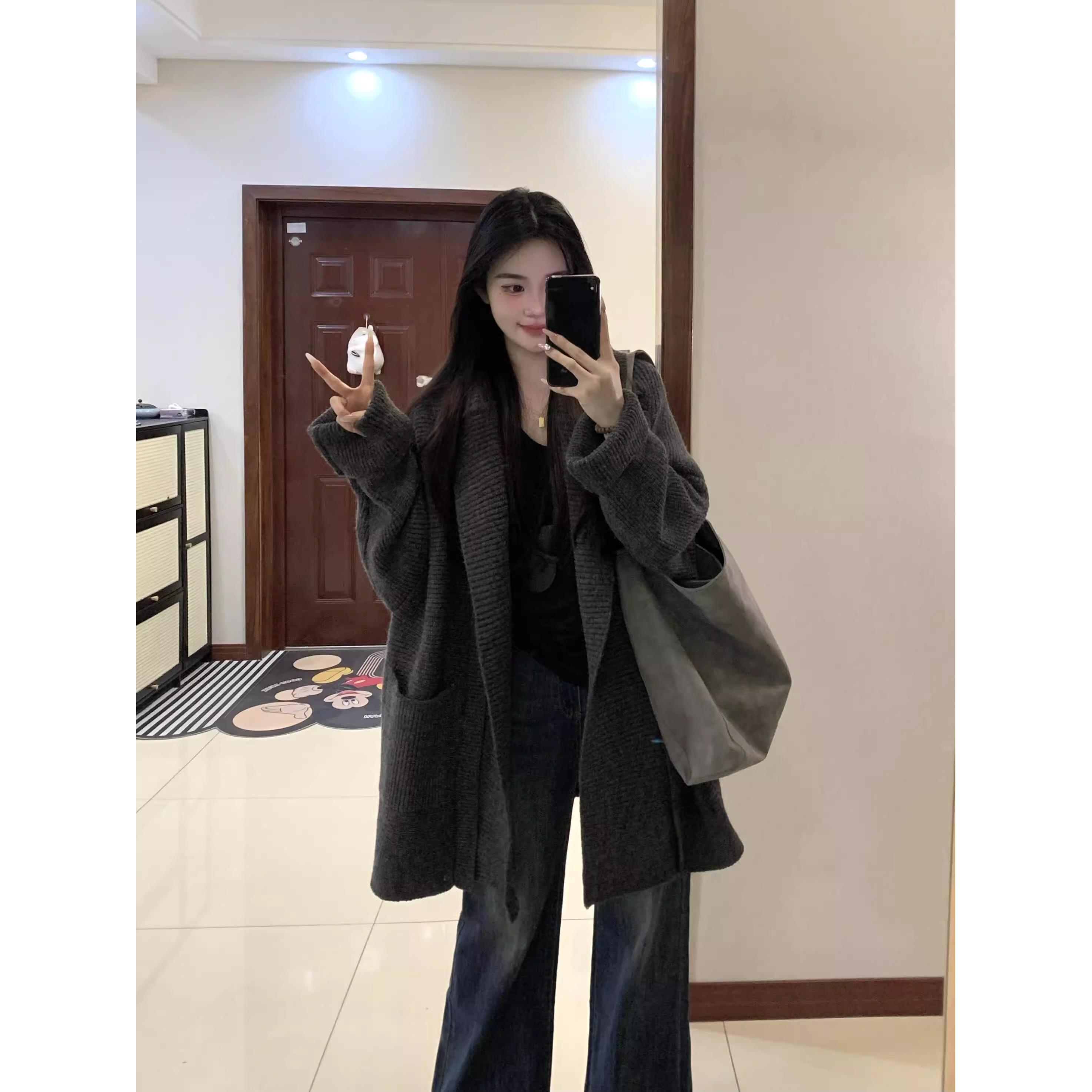 慵懒风宽松休闲针织开衫女秋冬加厚保暖气质百搭中长款毛衣外套