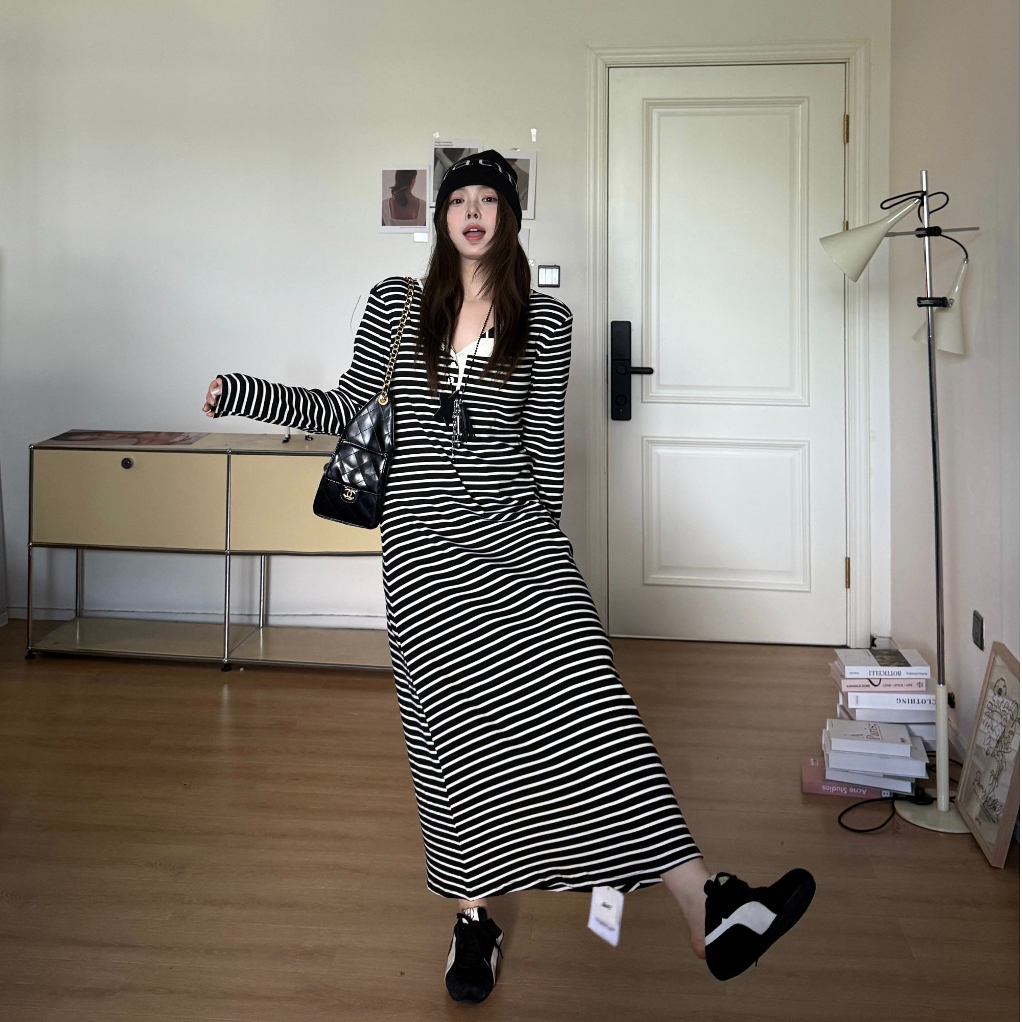 晶咕软软【冷月光】韩版简约秋季慵懒风慵懒收腰长袖连衣裙