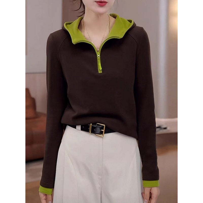 连帽加厚长袖卫衣秋冬大码女装胖MM时尚减龄显瘦半拉链打底衫上衣