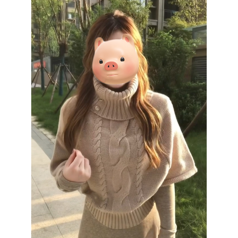 复古高领套头斗篷麻花毛衣女秋冬季宽松外穿慵懒风叠穿针织衫上衣