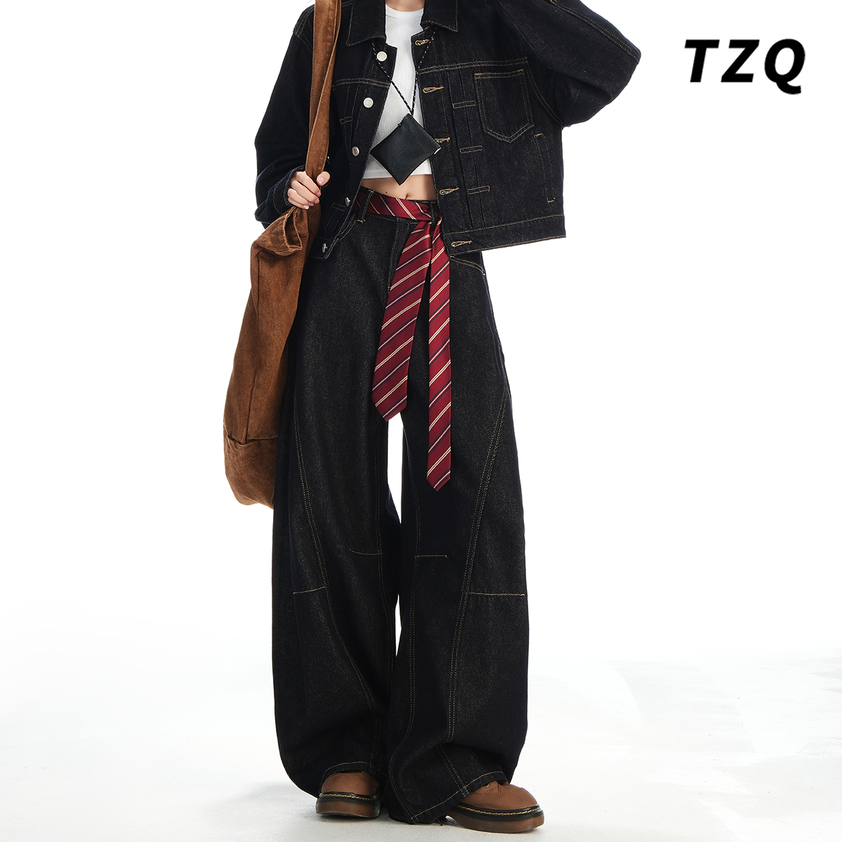 深蓝弯刀牛仔裤女2025新款秋季美式街头高腰百搭阔腿裤TZQ2590212