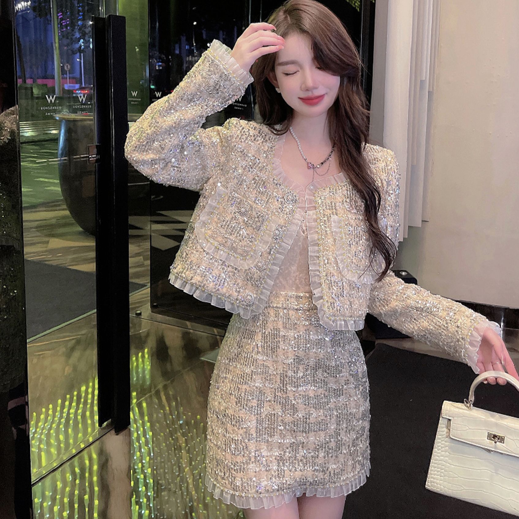 【C位女神】秋季新款金色亮片轻奢重工小香风时尚名媛法式气质套装