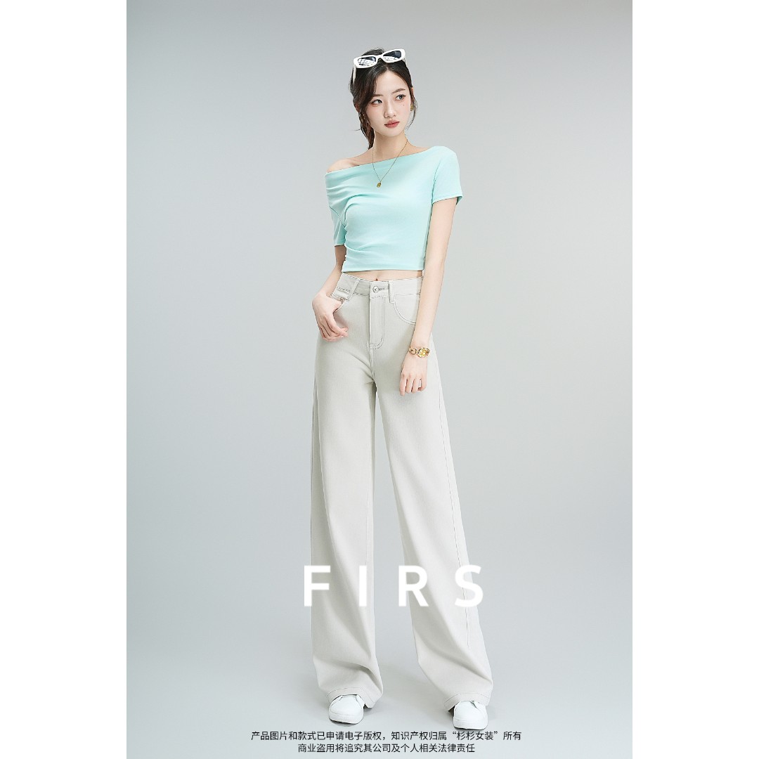 FIRS/杉杉天丝亚麻水洗直筒牛仔阔腿裤女夏薄款宽松垂感显瘦休闲
