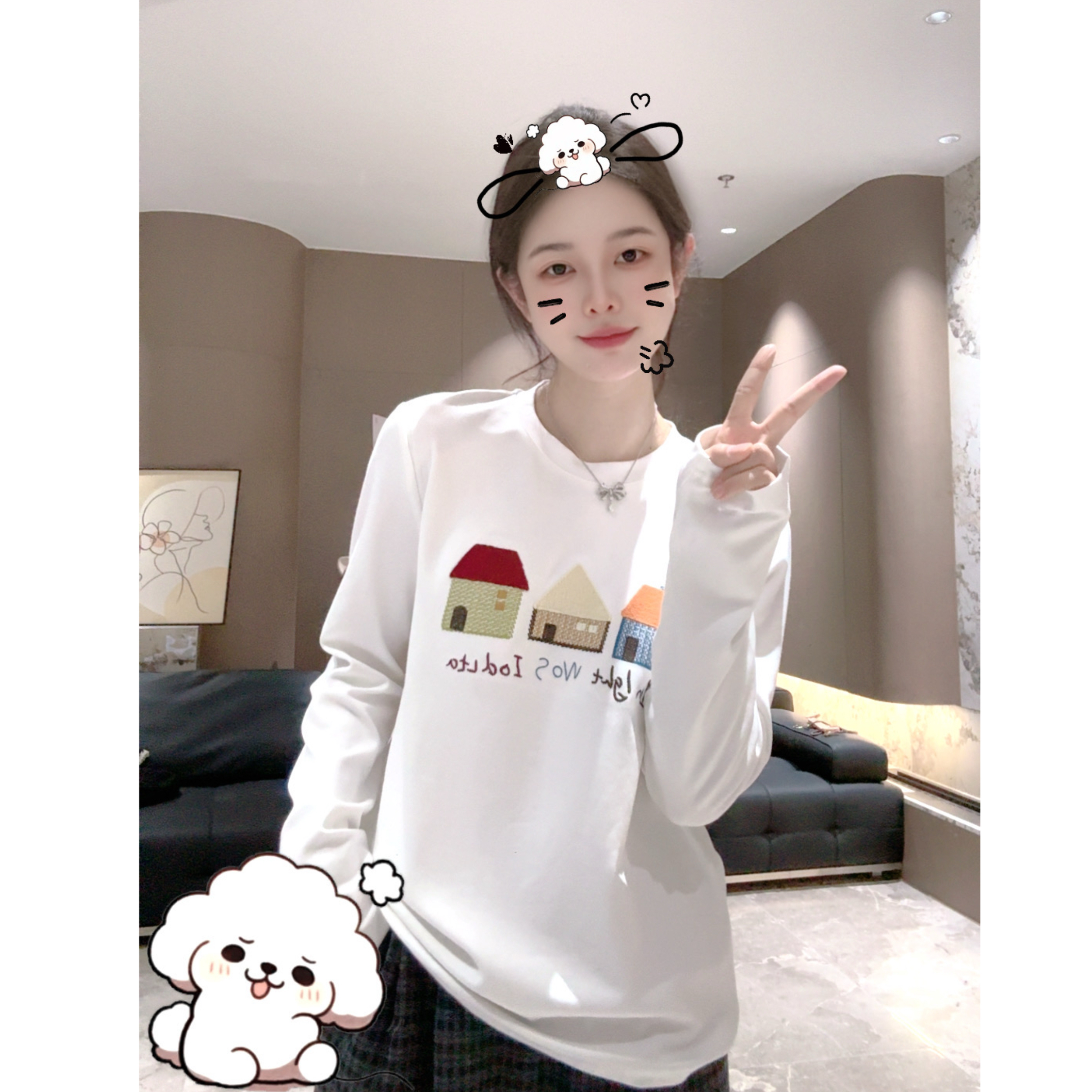 宿慕SUMU女款卡通刺绣上衣2025秋季 9-16新款百搭显瘦长袖T恤1605