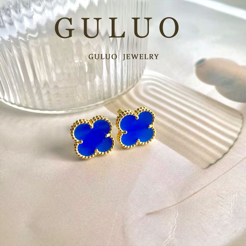 合金耳饰 GULUO蓝色四叶花耳钉