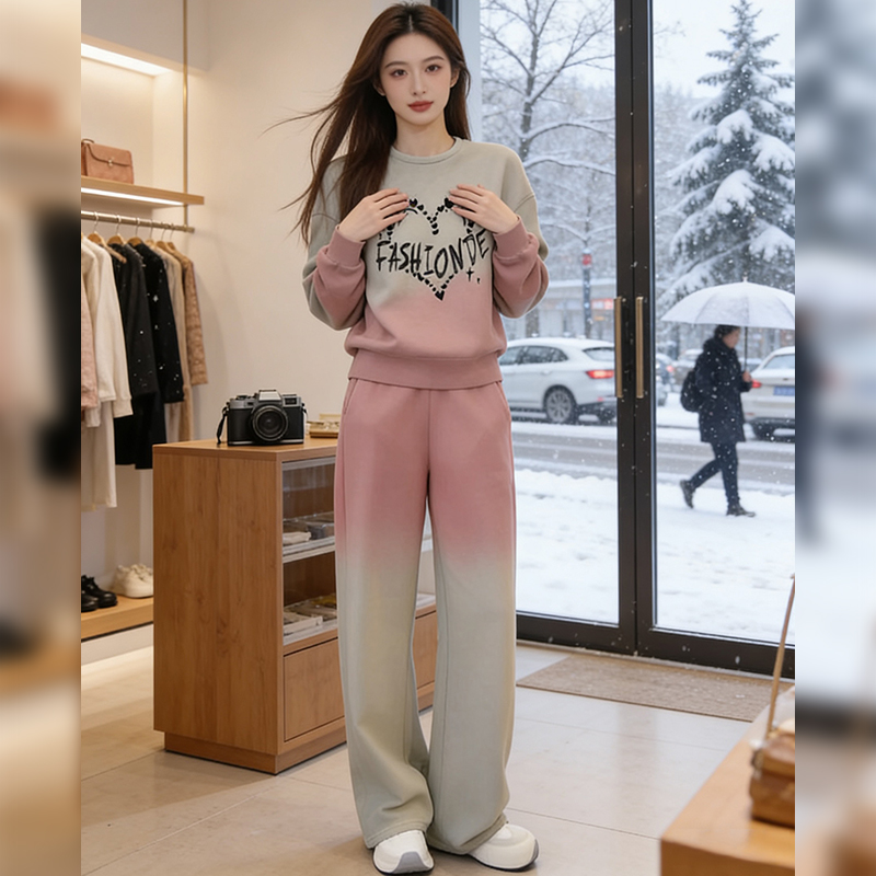 韩版时尚休闲运动套装女春秋宽松洋气减龄渐变圆领卫衣卫裤两件套
