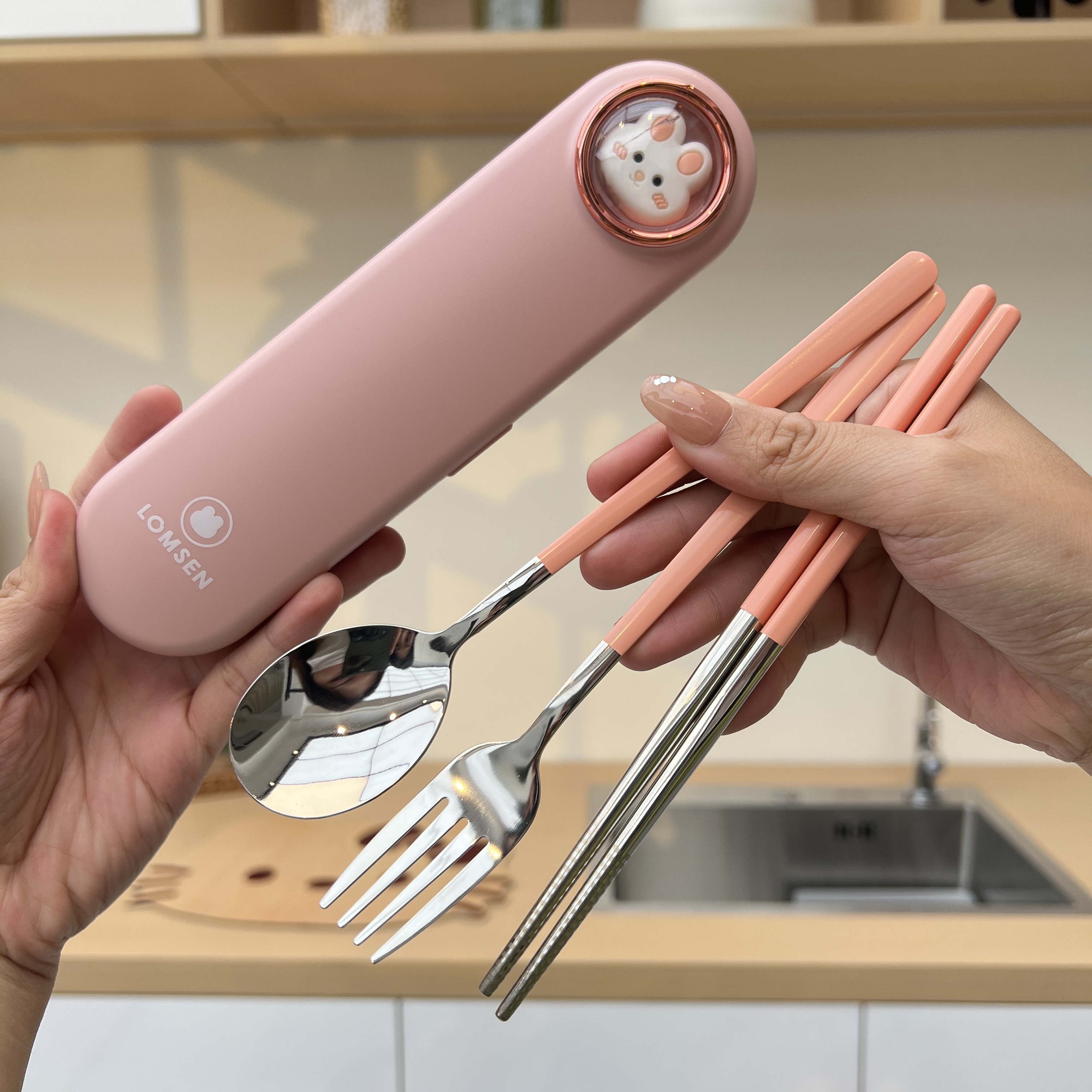 304不锈钢熊兔便携餐具学生餐具套装儿童筷子勺子收纳盒上班套装