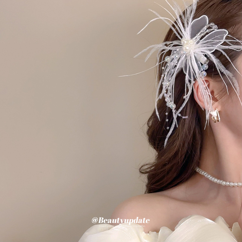 超仙鹅毛布艺蝴蝶发夹女款时尚小众甜美鸭嘴夹优雅气质侧边夹发饰