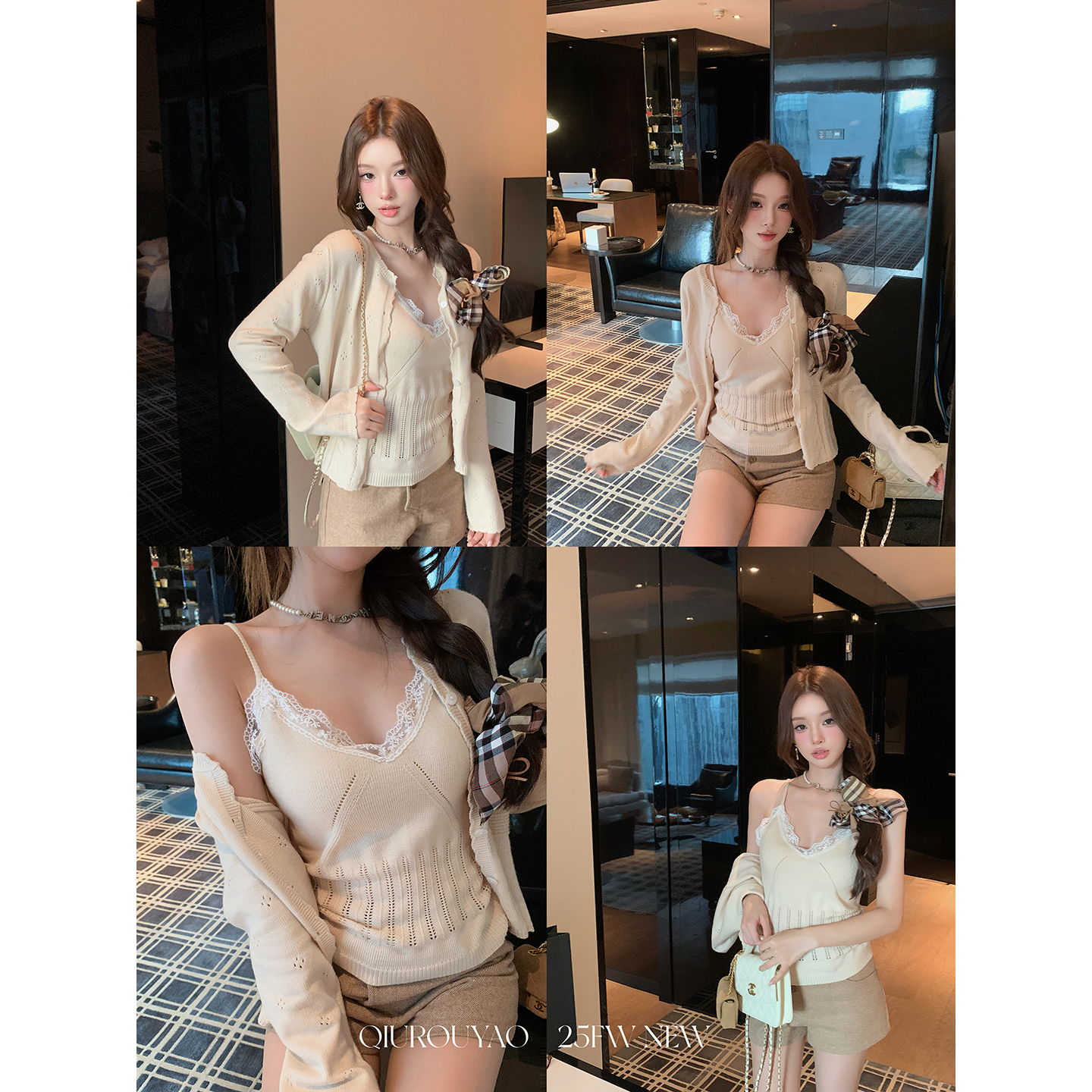 【QIUROUYAO邱肉瑶】日常仪式感｜蕾丝点缀吊带针织衫套装