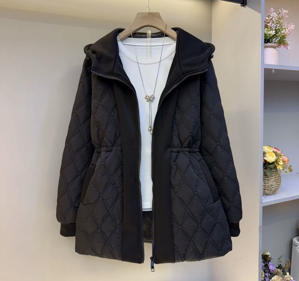 胖妹妹大码女装时尚洋气连帽棉袄棉衣冬季新款轻薄菱格棉服外套女