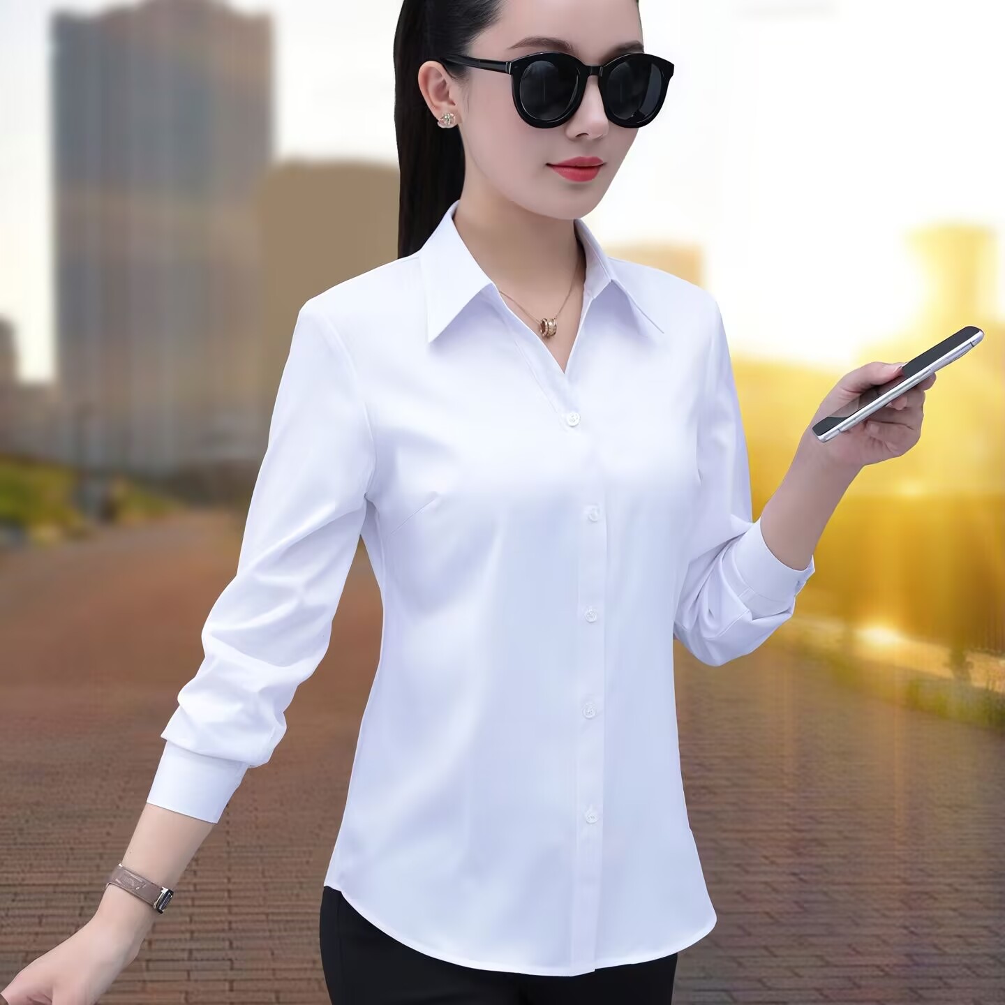 白色职业v领衬衫女长袖春季新款气质工装正装工作服免烫面试衬衣