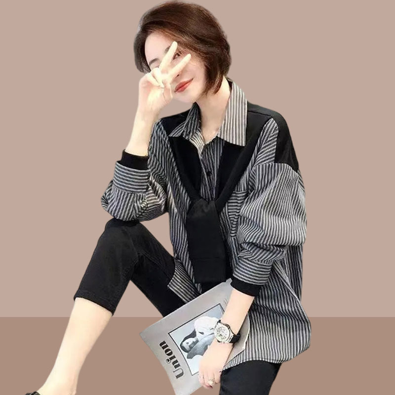 2025春秋季新款长袖衬衫女士假两件条纹衬衣时尚洋气上衣气质女装