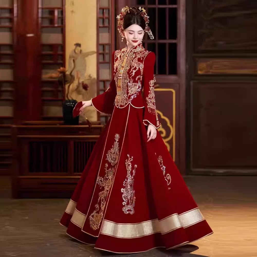 出阁丝绒秀禾服婚服2025新款结婚春季夏季大码龙凤褂中式婚纱嫁衣