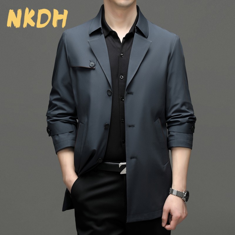 NKDH春秋季商务休闲西装领中长款风衣男翻领夹克中年宽松外套男装