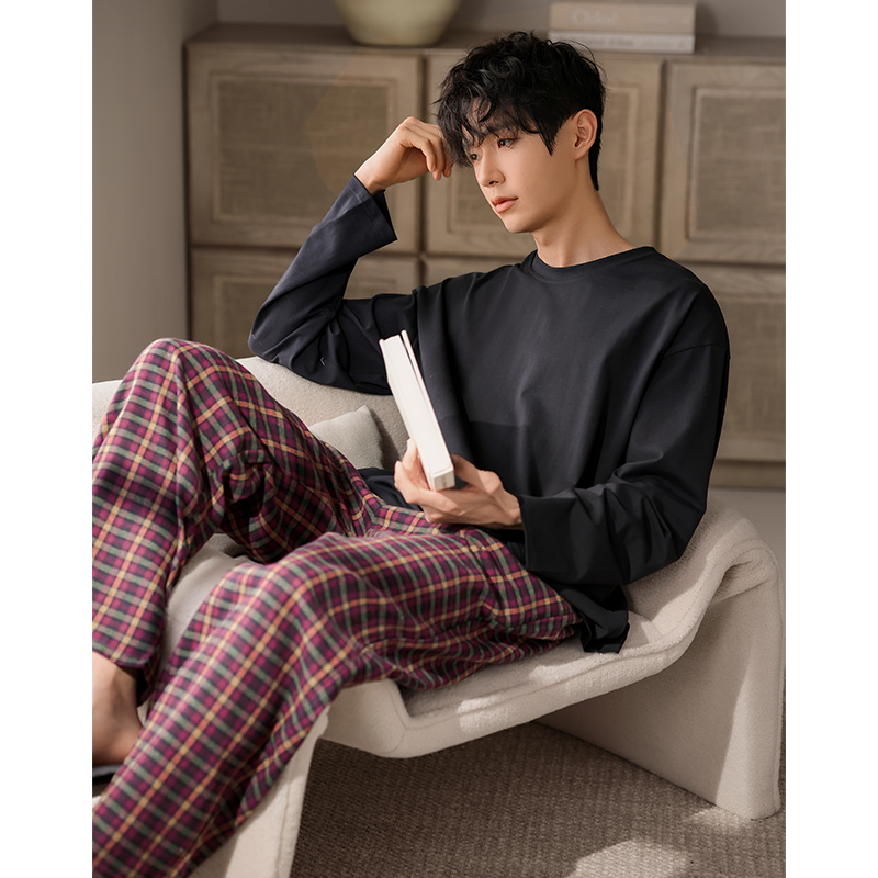 美腾抗菌莫代尔棉男款睡衣春秋长袖简约圆领家居服长裤可外穿套装