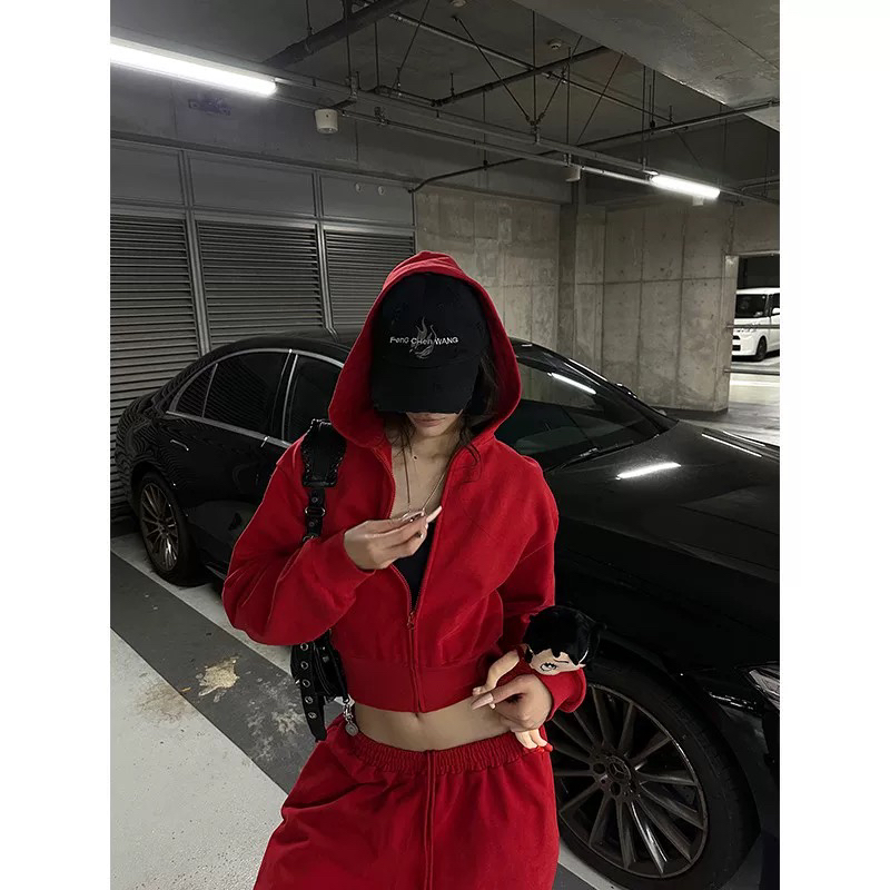 美式辣妹红色休闲运动套装女早秋拽酷短款连帽卫衣抽绳卫裤两件套