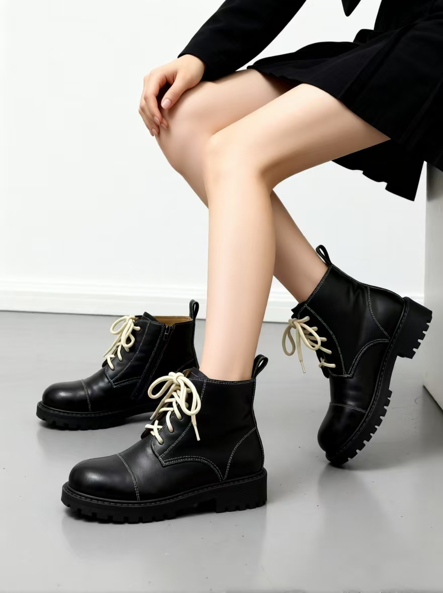 秋冬季厚底加绒短靴系带韩版圆头时尚英伦风休闲百搭女靴防滑女鞋