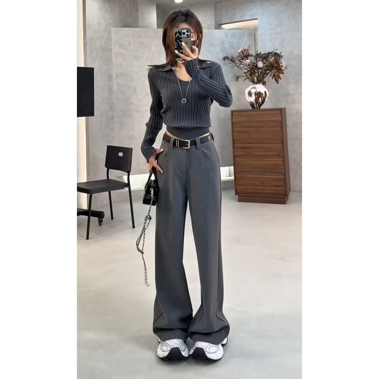 加厚加绒亮片西装直筒休闲裤女2025冬季高腰垂感百搭通勤弯刀长裤