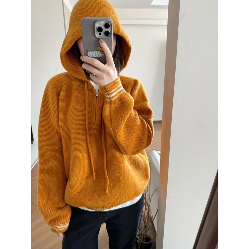 连帽套头毛衣女宽松运动针织衫女冬季新款减龄学院风打底显瘦加厚