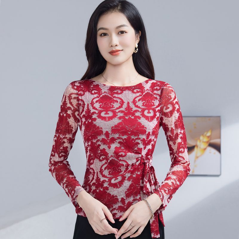 秋季新款洋气印花绑带设计圆领网纱长袖打底通勤遮肚上衣小衫