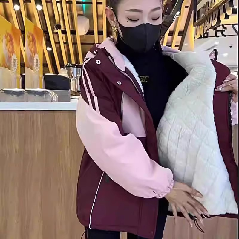 高级感拼色工装派克服外套女冬季2025新款超好看保暖加绒加厚棉服