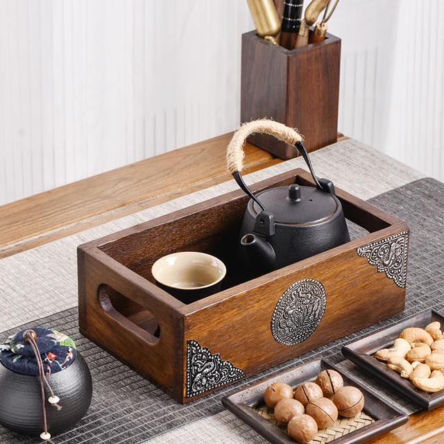 实木桌面宿舍收纳盒杂物化妆品小物件护肤品收纳复古轻奢中式托盘