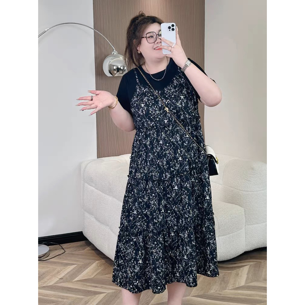 胖mm2025夏季宽松显瘦遮肉假两件小碎花长款圆领设计感连衣裙女