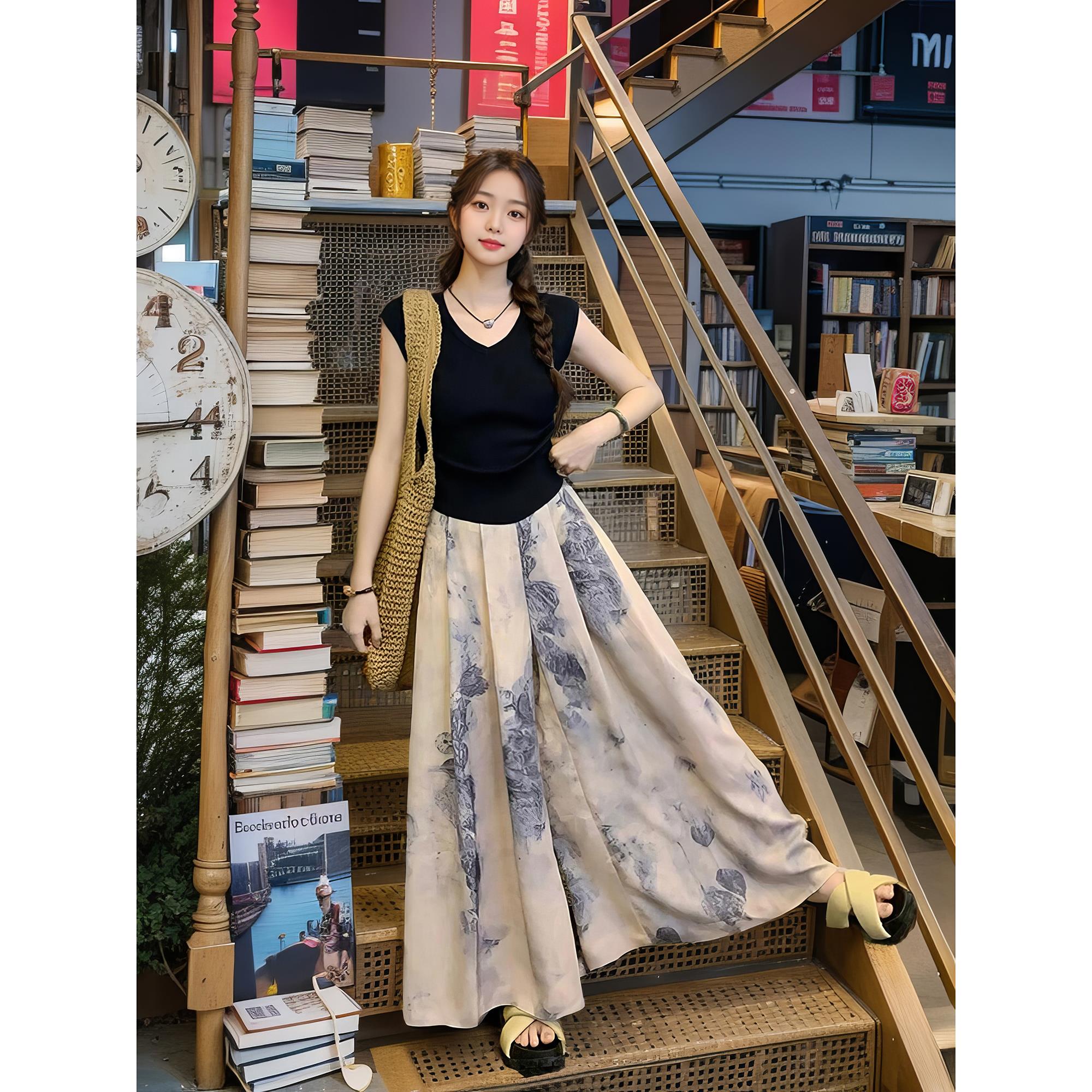 VOCKOO官方夏季新款新中式国风水墨印花画套装裙裤设计感小众阔腿