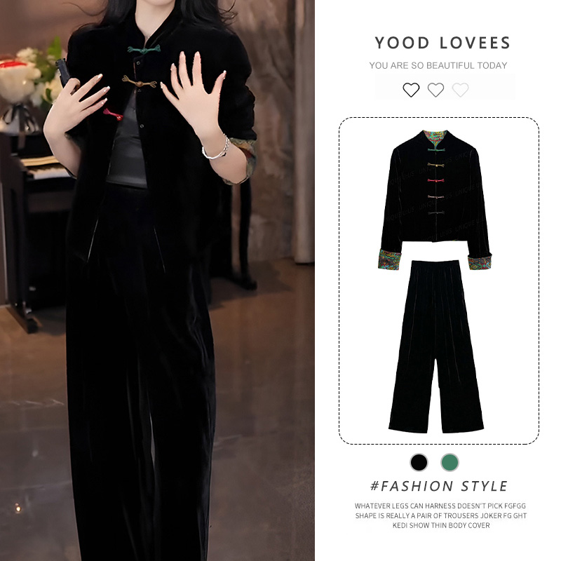 新中式国风设计感盘扣黑色双面穿上衣显瘦直筒裤2025春秋气质套装