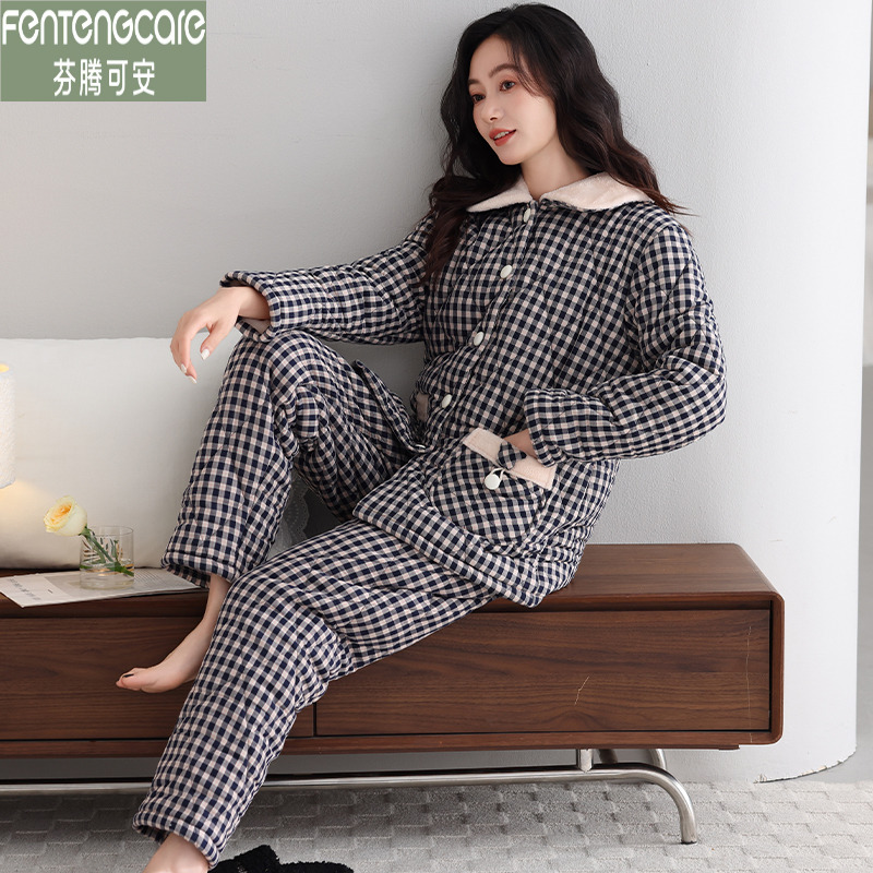 芬腾可安冬天睡衣女款梭织纯棉三层加厚夹棉冬季款甜美格子家居服