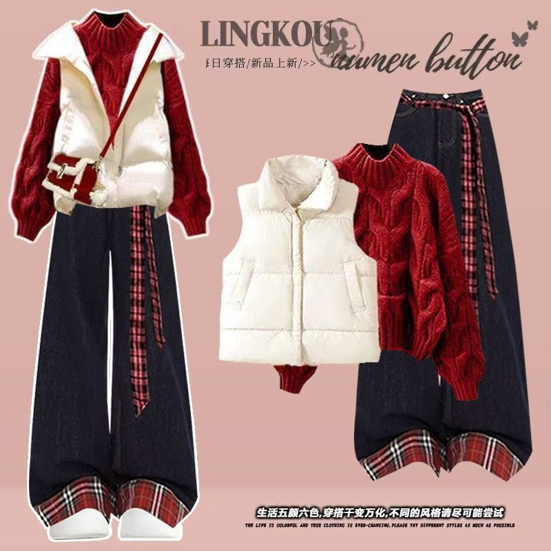 2025冬季休闲套装女棉服马甲减龄针织毛衣搭复古显瘦牛仔裤三件套