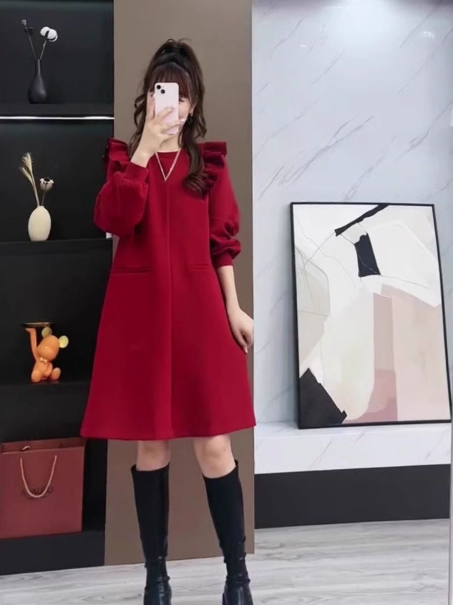 66366针织毛衣打底衫圣诞节本命年红宽松遮肚公主A字拜年连衣裙