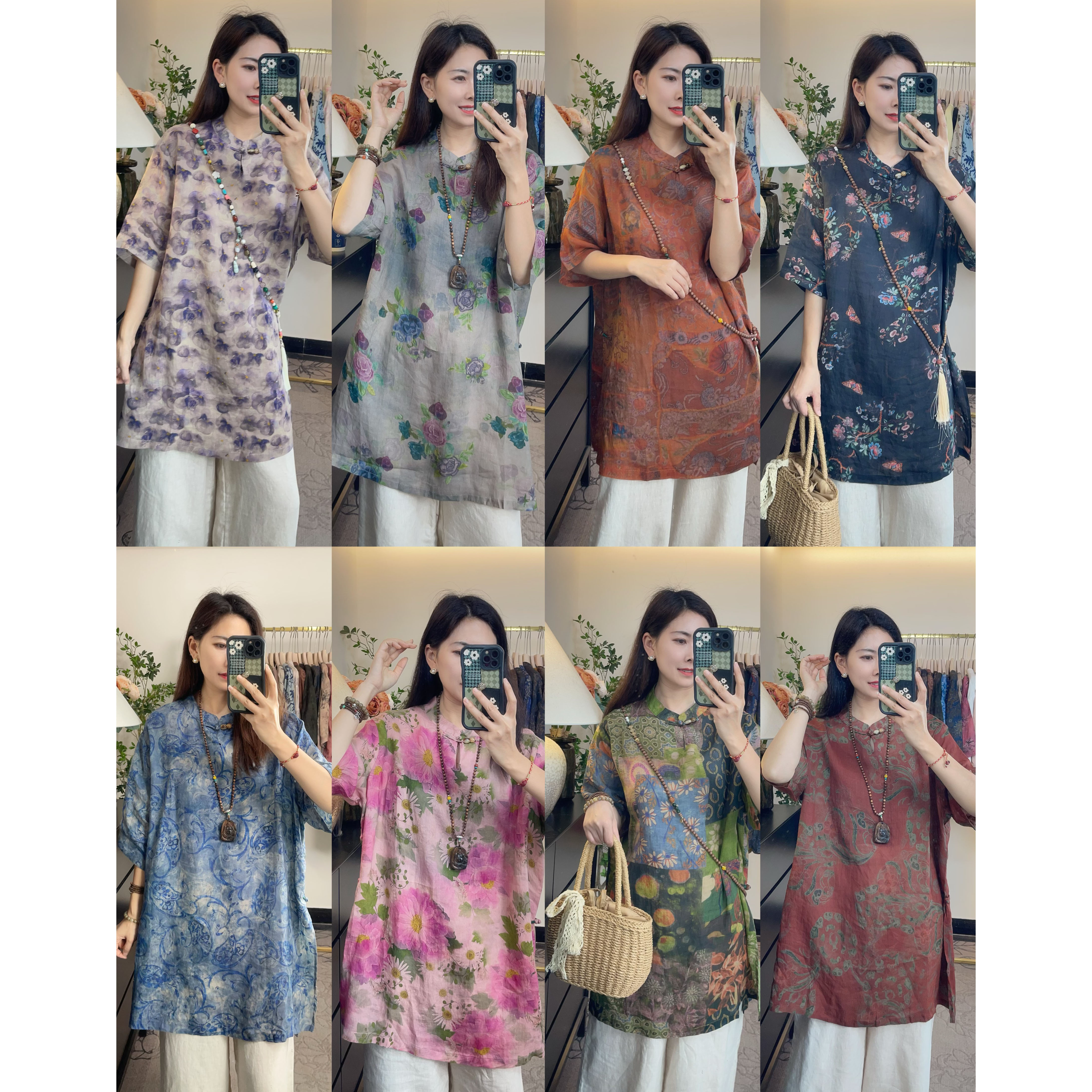 花汐语【风姿】高品质精致女人穿搭苎麻花色上衣衬衫女