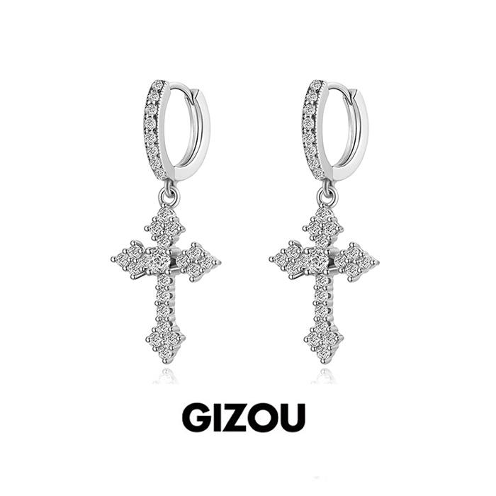 925银合成锆石耳饰 十字架无耳洞925银耳夹耳环男女百搭高级感