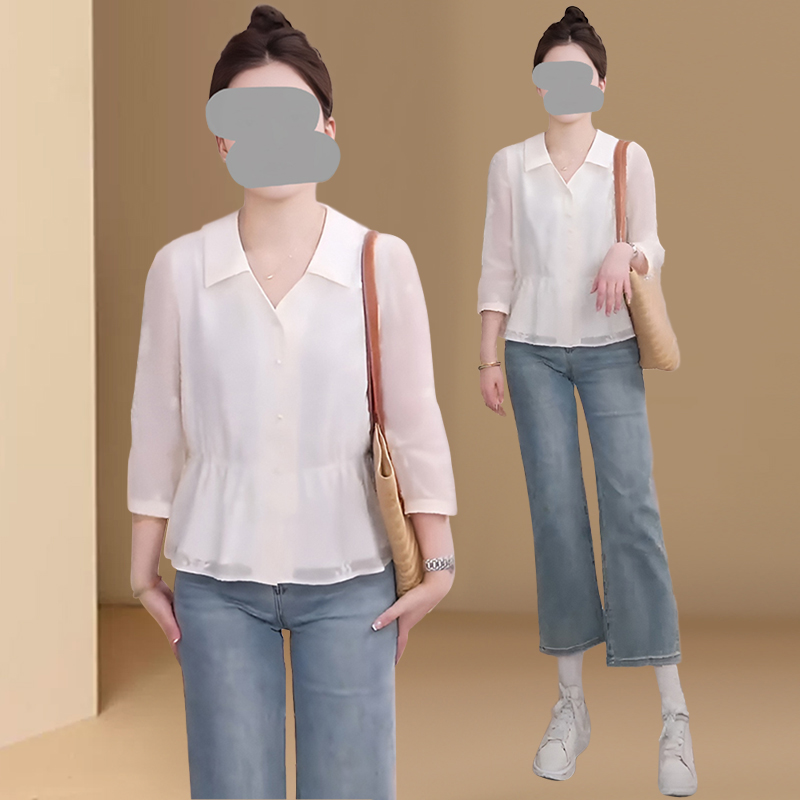 春夏新款衬衫女2025新款七分袖显瘦洋气遮肚子裙摆小衫小个子衬衣