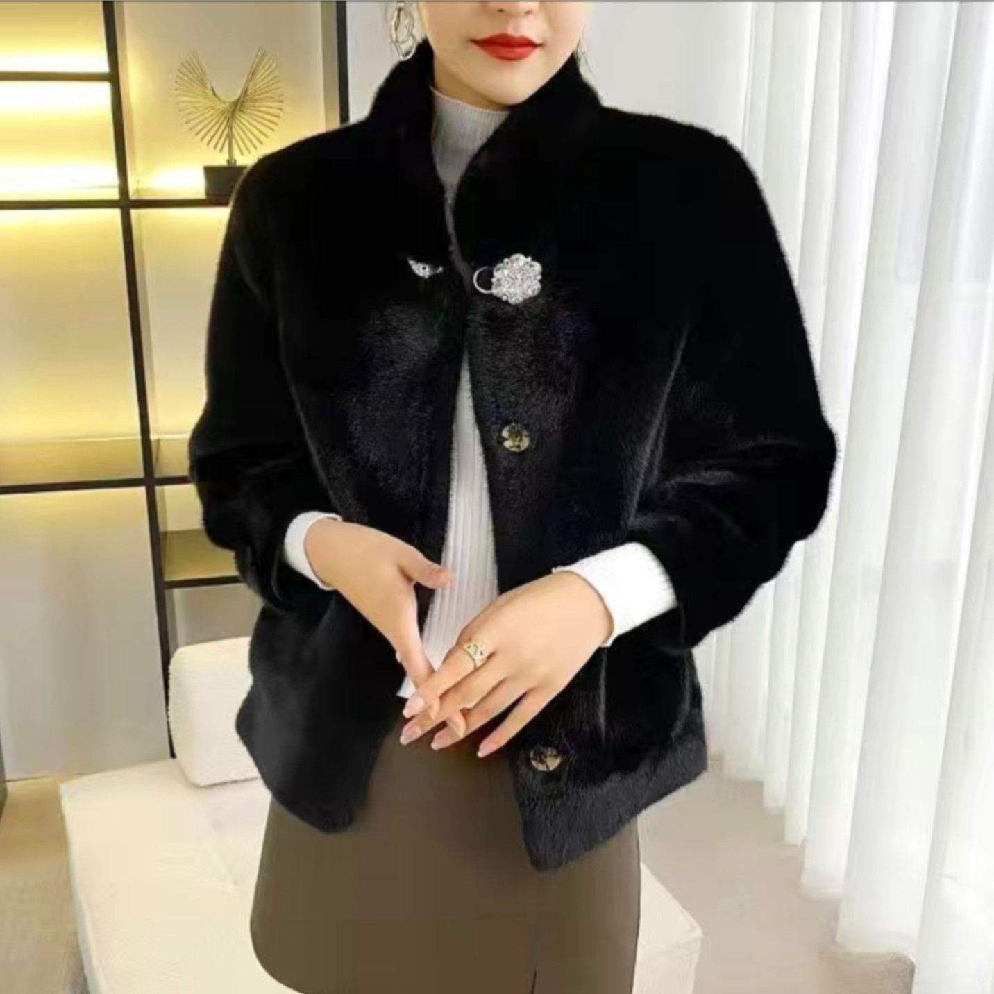 女士立领短款雪兰貂皮草外套