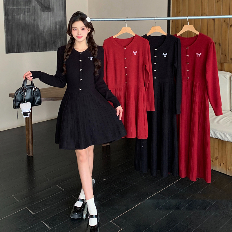 JJ176大码2025冬装新款胖mm甜美收腰显瘦长短款内搭针织连衣裙