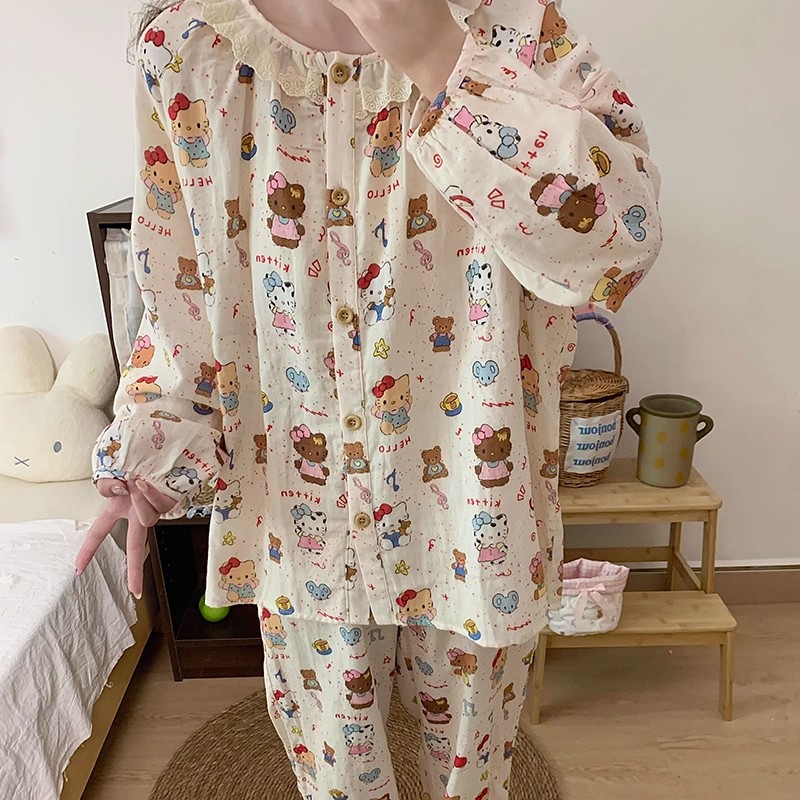 卡通可爱黑皮Kitty睡衣女长袖长裤蕾丝花边圆领开衫宽松家居服